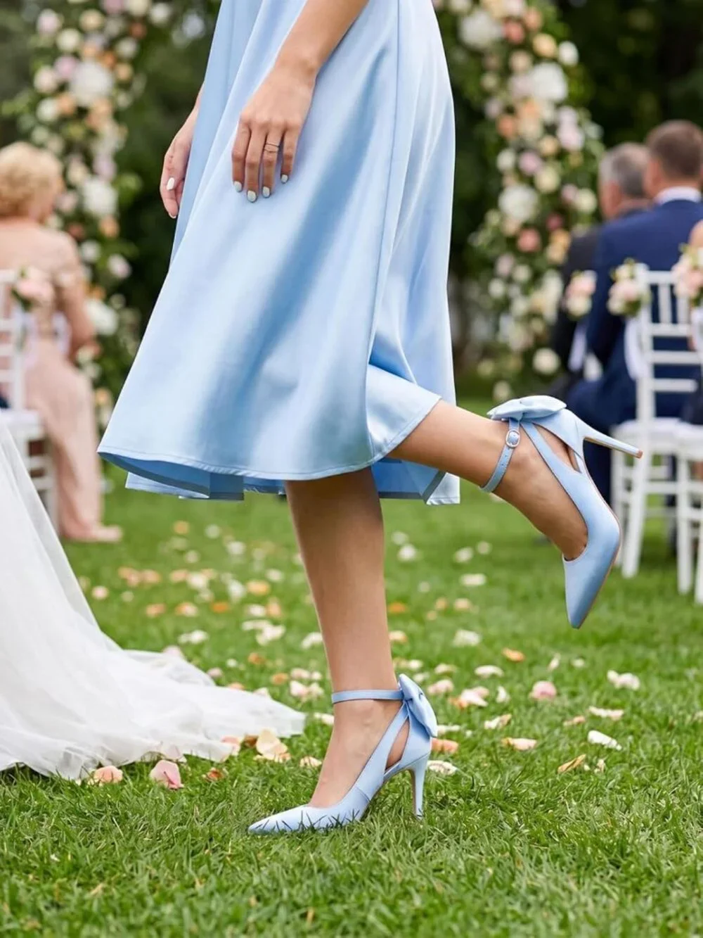 Women's Satin Blue Pointed Toe High Heels Ankle Strap Sexy Bowtie Back Sandals